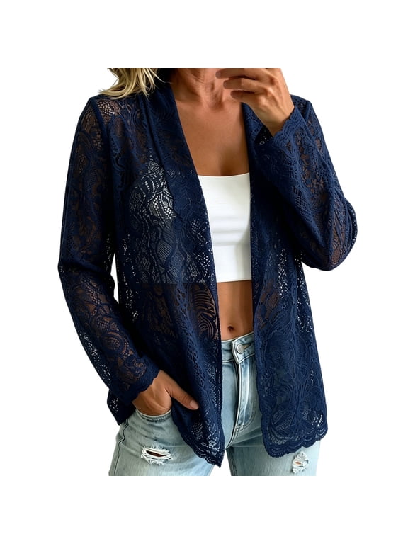 Cardigan for Women Lace Open Front Sheer Mesh Blazer Coats Elegant Long Sleeve Casual Lightweight Dressy Summer Jacket Beach Cover Up Work Clothes Outerwear Fall Fashion Navy Xl