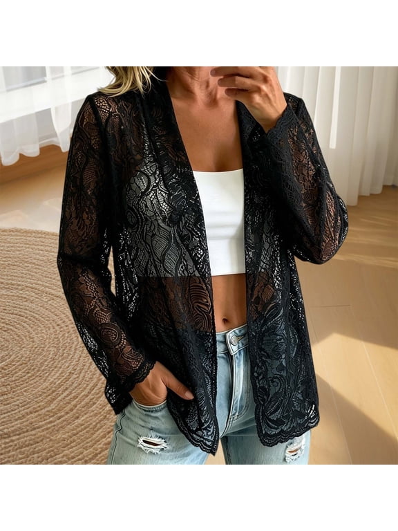 Cardigan for Women Lace Open Front Sheer Mesh Blazer Coats Elegant Long Sleeve Casual Lightweight Dressy Summer Jacket Beach Cover Up Work Clothes Outerwear Fall Fashion Black M