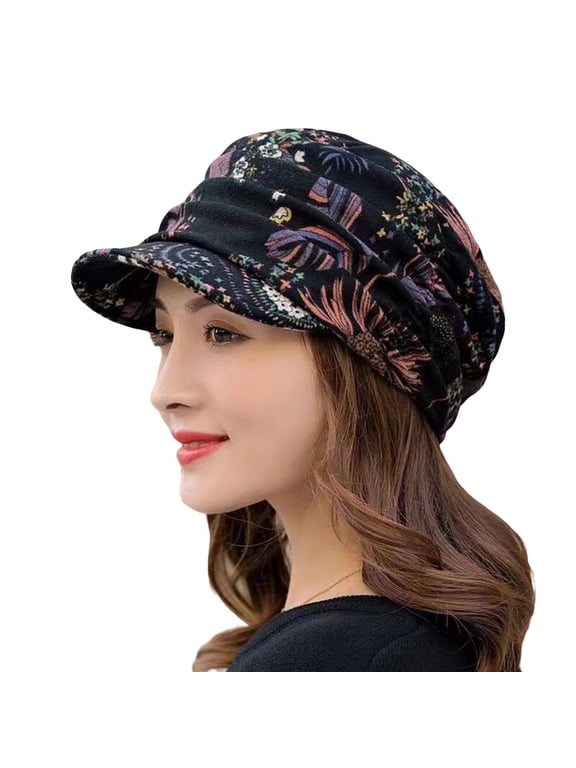 Chemo Hats for Women Short Brim Floral Hats Visor Hat Warm Stretch Elastic Turbans Soft Cancer Beanie Caps for Women Ruched Hair Loss Peaked Cap Head Coverings Scarf Headwraps Black One Size