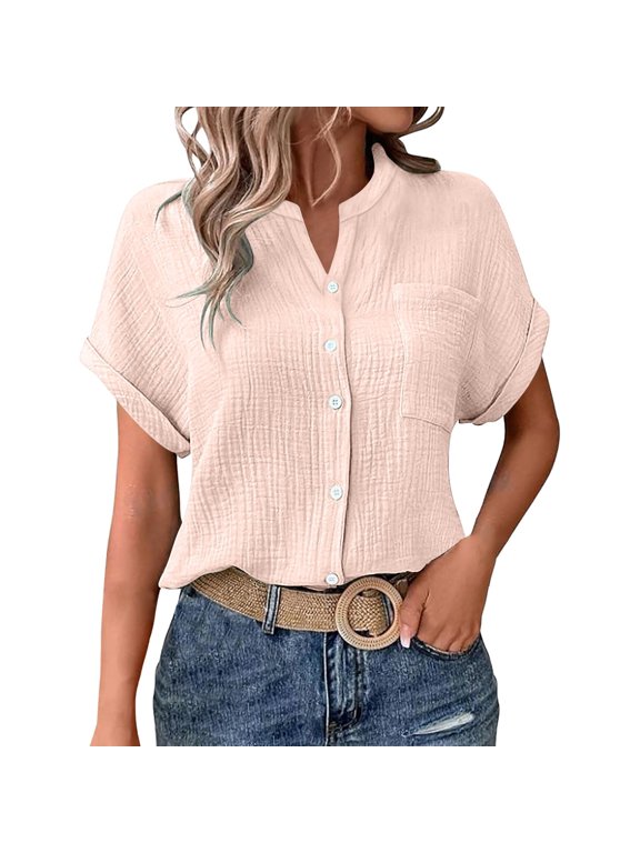 Gauze Shirts for Women Stand Collar V Neck Batwing Cuffed Short Sleeve Button Down Blouse Textured Double Layer Shirt Work Blouses Loose Tunic Tops 2026 Summer Beach Vacation Clothes Pink 3XL