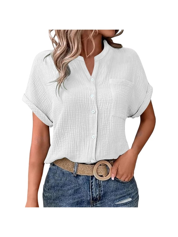 Gauze Shirts for Women Stand Collar V Neck Batwing Cuffed Short Sleeve Button Down Blouse Textured Double Layer Shirt Work Blouses Loose Tunic Tops 2026 Summer Beach Vacation Clothes White L