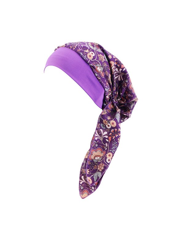 Hijab Undercap Women Printed Pre‑Tied Headscarf Soft Stretchy Long Tail Turban Head Wrap Bohemian Style Lightweight Fashion Headwear for Chemo Cancer Hair Loss & Sleeping Purple One Size