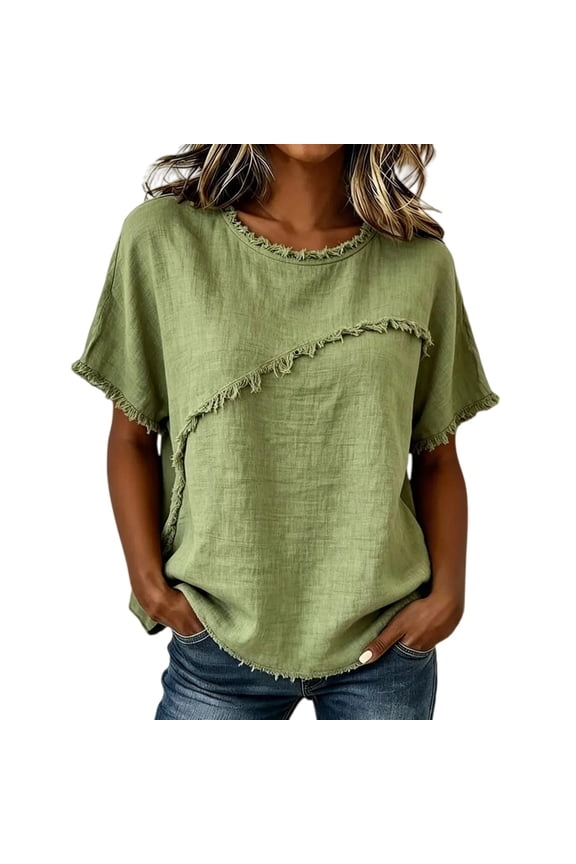 Linen Tops for Women 2026 Spring Summer,Crew Neck Short Sleeve Shirts,Irregular Diagonal Raw Frayed Fringe Trim Blouse,Solid Loose Fit Dressy Business Going Out Daily Wear Blouses Green S