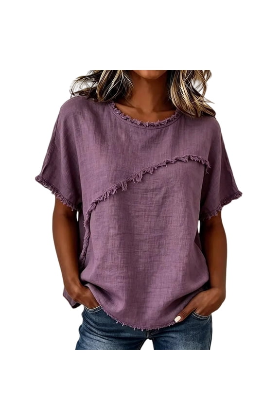 Linen Tops for Women 2026 Spring Summer,Crew Neck Short Sleeve Shirts,Irregular Diagonal Raw Frayed Fringe Trim Blouse,Solid Loose Fit Dressy Business Going Out Daily Wear Blouses Purple XXL