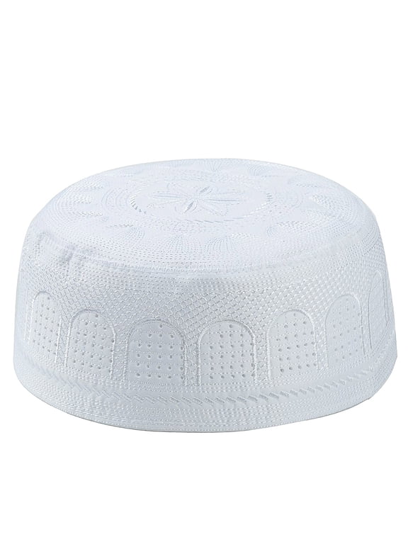 Muslim Hat for Men,Embroidered Islamic Kufi Hat,Traditional Muslim Prayer Cap,Soft Breathable Cotton,Multi-Color,Ideal for Religious Services,Daily Wear & Ramadan White S