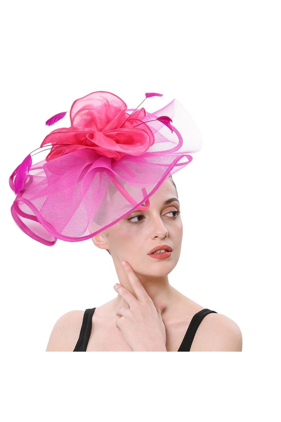 Organza Flower Fascinator Headband for Women,Large 3D Floral Mesh Tea Party Hat,Wavy Edge Cocktail Headpiece for Bridal Shower,Prom,Garden Party,Brunch,Photo Shoot Hot Pink One size