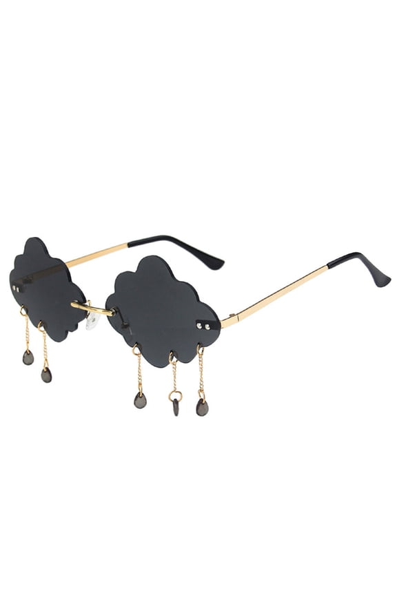 Retro Rimless Sunglasses for Women Cloud Shaped Lenses with Raining Crystal Tassel Pendant,UV400 Protection Metal Frame Glasses for Party Disco Cosplay Themed Events Black One Size
