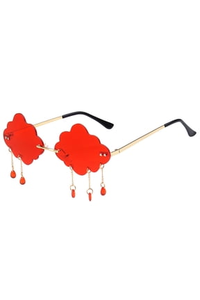 Retro Rimless Sunglasses for Women Cloud Shaped Lenses with Raining Crystal Tassel Pendant,UV400 Protection Metal Frame Glasses for Party Disco Cosplay Themed Events Red One Size