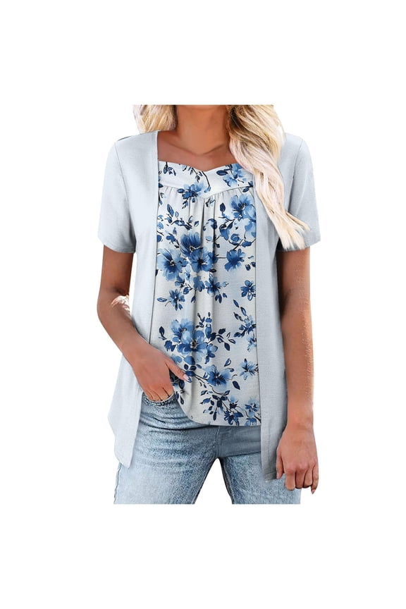 Short Sleeve Shirts for Women,Fake Two Piece Tops,Layered Pleated Tunic Blouses Summer Shirts,Loose Hide Belly Open Front Cardigan Style,Floral Print Ruched Pleat Tops Light Blue S