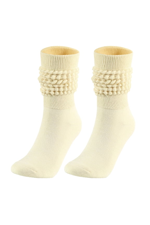 , Slouch Socks for Women, Cotton Knit Scrunch Boot Socks, Knee High Stacked Slouchy Solid Color Long Socks, Retro Chunky Ruched Design, for Winter, Fall, Daily Wear, 1 Pair Beige One size