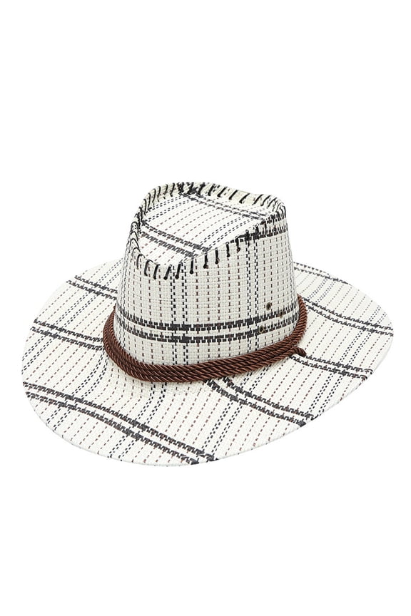 Straw Cowboy Hat Unisex Plaid Print Western Cowboy Hat,Wide Brim Hollow Sun Hat with Braided Rope Band,Packable UV Protection Fedora Hat for Summer Beach Travel Vacation White One Size