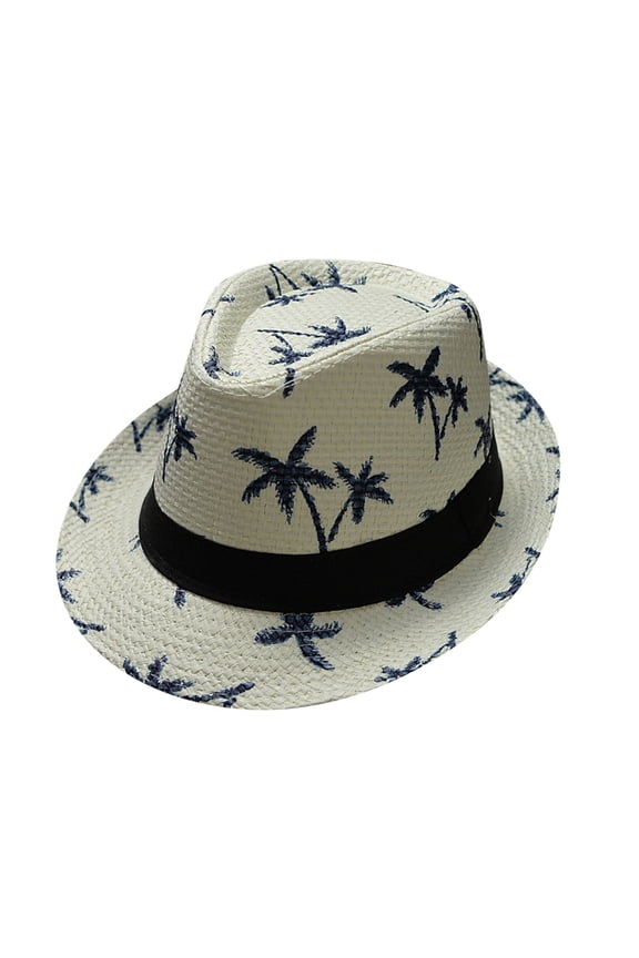 Ltpwer Straw Cowboy Hat Unisex Tropical Palm Tree Print Fedora Hat,Short Roll Up Brim Panama Trilby Hat with Black Ribbon Band,Beach Vacation Sun Protection Hat for Adults Kids Family White One Size