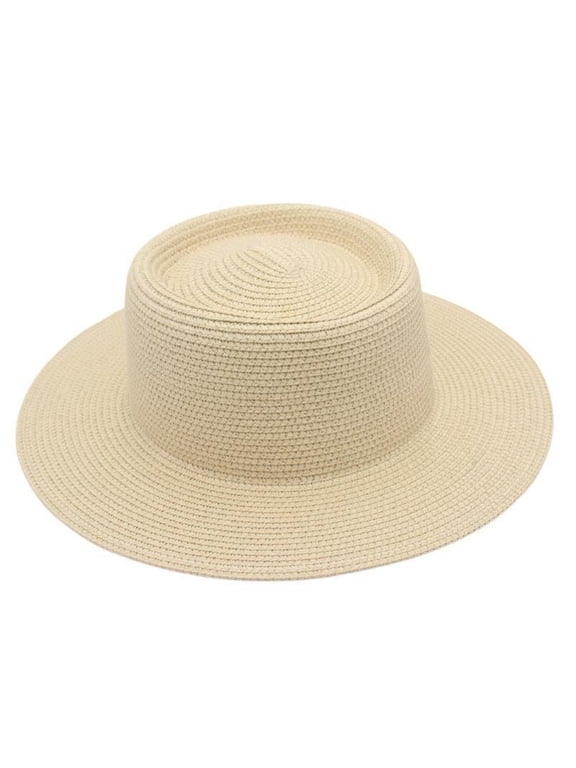 Straw Sun Hat for Women Men,Wide Brim Flat Top Boater Hat with UV Protection,Breathable Woven Fabric,Multi-Color Options,Ideal for Beach,Vacation,Travel & Summer Casual Wear Beige One Size