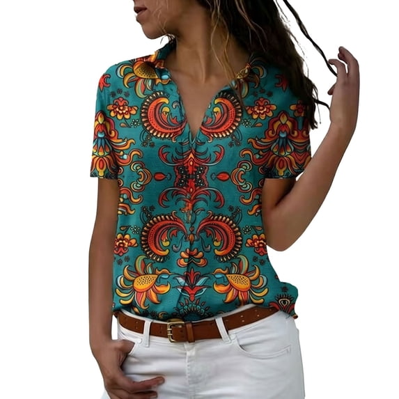 Ltpwer Summer Shirts for Women Short Sleeve Shirts Floral Paisley Printed Shirts Lapel V Neck Button Down Collared Blouses Boho Beach Vacation Casual Dressy Tops Mint Green S