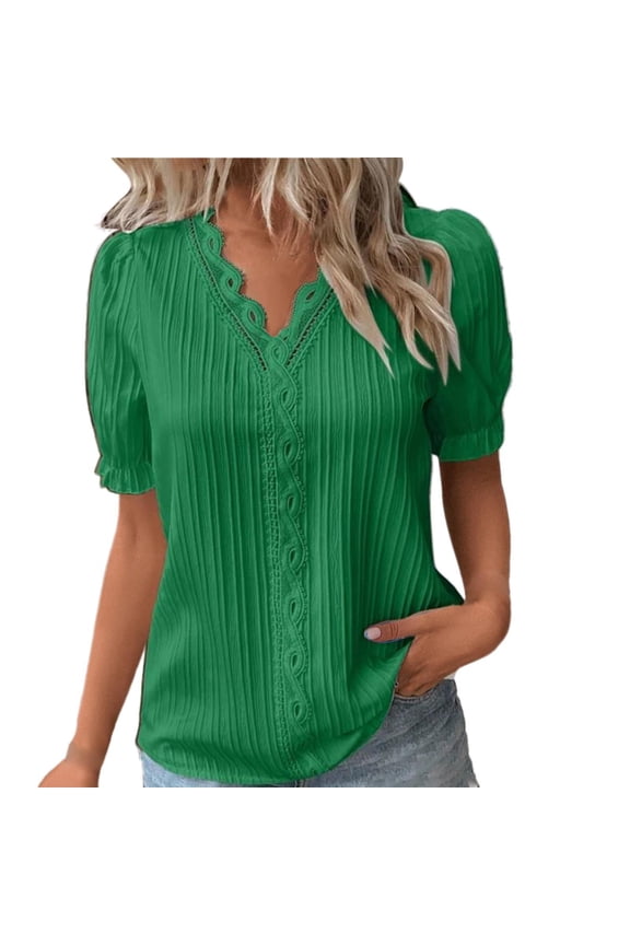 Summer Tops for Women,Ruched Placket Neck,Cap Flared Sleeves,Central Front Gathering,Relaxed Banded Bottom,Smooth Stretch Jersey,Single Tone Dyeing for Downtown Daily Outing Green S