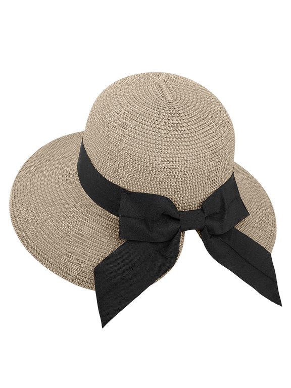 Sun Hat Beach Hat for Women Wide Brimmed Straw Hat with Black Bow Peach-Shaped Ladies Sun Hat Floppy - Foldable Roll-Up Summer UPF 50+ Visor Hat Beach Hat Ideal for Travel Wear