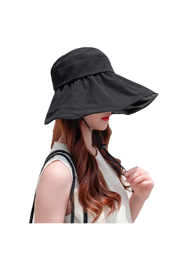 Sun Hats for Women Black Lining Fishing Hat Foldable Ruffled Wide Brim UV Blocking Cap,Adjustable Wind Lanyard Anti-UV Summer caps,Large Coverage Face Neck Protective Bucket Hat Black One Size