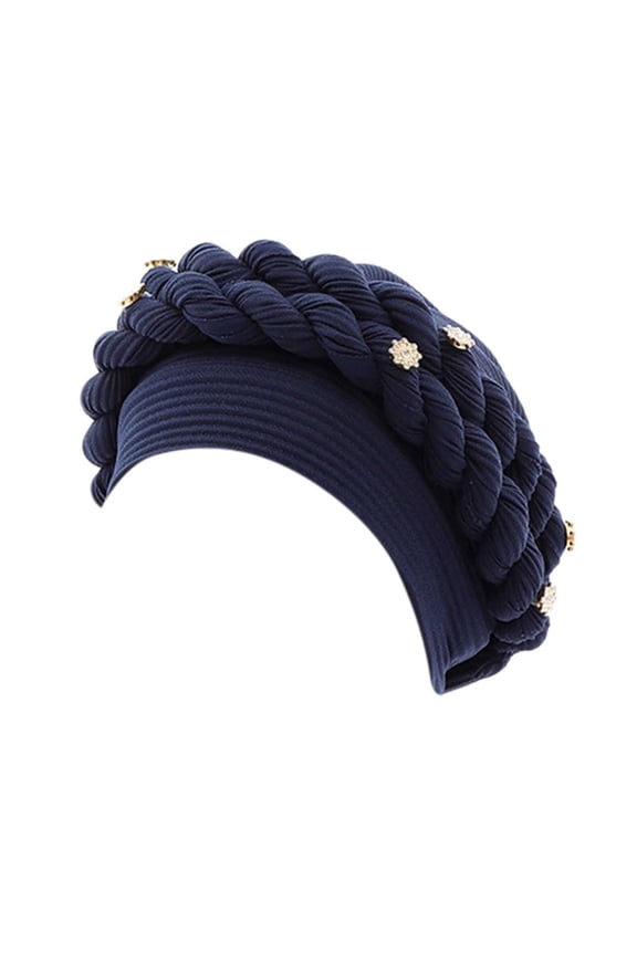 Turban Head Wrap for Women Stretchy Crinkled Fabric Braided Braid Turban Cap,Decorated Tiny Rhinestone Beads Pre-Tied Muslim Hair Wrap Bonnet,Solid Color African Style Headwear Navy One Size