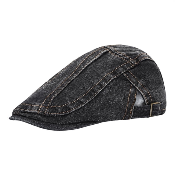 Ltpwer Washed Denim Ivy Cap for Men Women,Adjustable Back Buckle,Cotton Stitched Seams Flat Cap,Distressed Duckbill Hat for Jeans Matching,Weekend Trips,Outdoor Walks,Retro Fashion Black One size