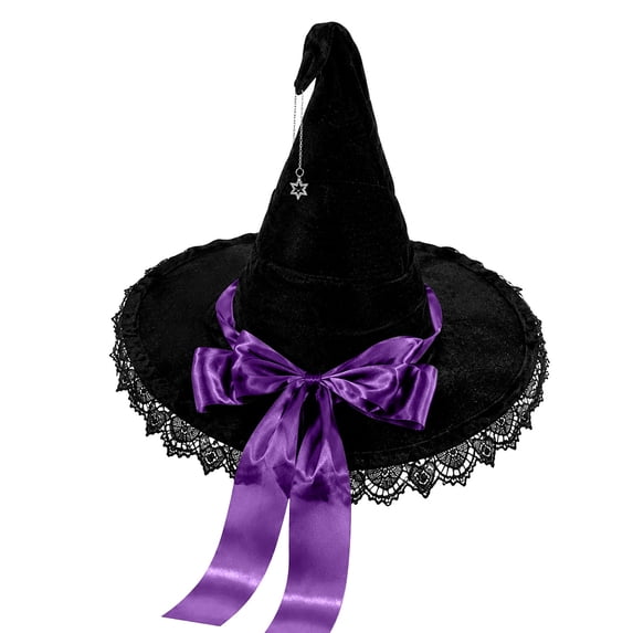 Ltpwer Witch Hats for Women, Wide Brim Layered Tulle Witch Hat with Lace Ruffle Star Pendant Decorates Gothic Accessory for Cosplay Masquerade Parties and Themed Dress-Up Purple One Size