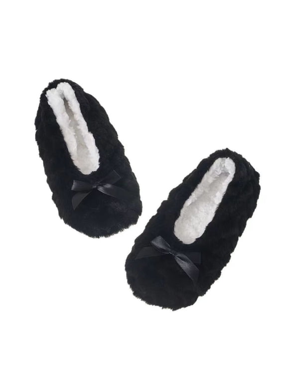 Women Fuzzy House Slipper Socks,Ballerina with Chenille Bow,Thick Lined,Non-Slip Grippers,Stretchable Heel,Soft & Warm for Bedroom,Living Room,Indoor Home Use,Winter Comfort Black A