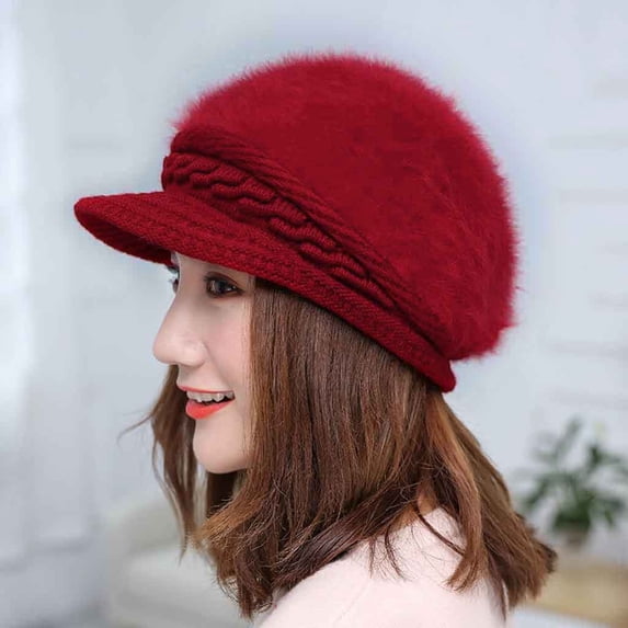 Ltpwer Women Newsboy Cap,Faux Fur Beret,Winter Knit Hat,Cable‑Knit Brim Plush Warm Cap,Lined Thick Fall‑winter Hat,for Ladies Outdoor Travel,Daily Casual Outfits Red One Size