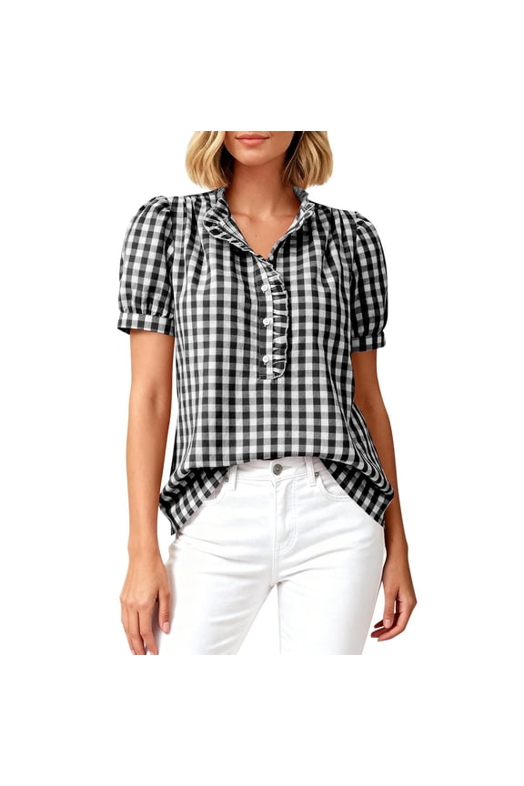Women'S Plaid Blouse Ruffle Short Sleeve Shirt Ruffle V Neck Puff Sleeve Button Down Casual Tops Loose Fit Gingham Summer Tops 2026 Trendy Sweet Shirts Business Casual Work Blouses Black Xxl