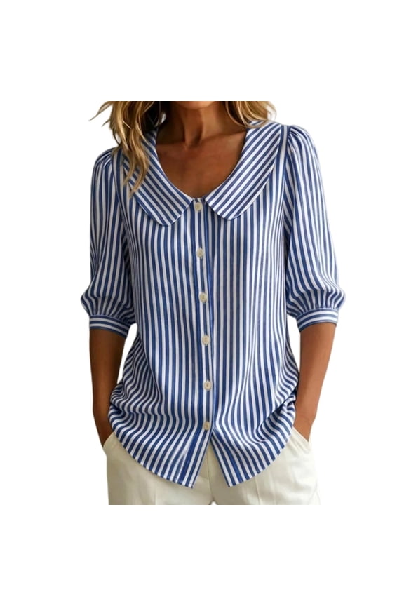 Women'S Retro Peter Pan Collar Shirt Vertical Striped Full Button Down 3/4 Sleeve Cotton-Linen Blend Casual Blouse for Casual Summer Beach Vacation Going Outwrinkle-Resistantblue S