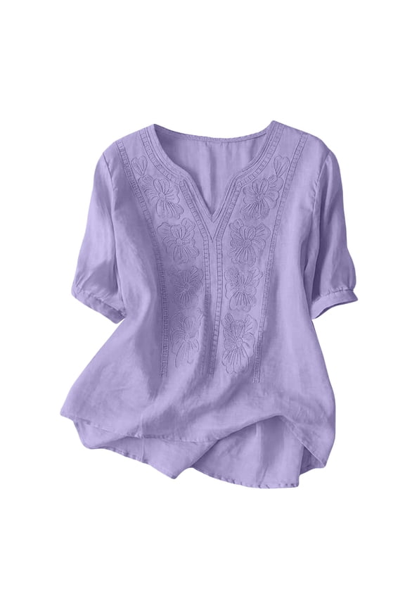 Women's Cotton Linen Boho Embroidered Floral Shirt Half Sleeve V Neck Peasant Tops Elbow Sleeve Classy Outfits for Women Over 60 Dressy Tops Boho Gauze Shirts Retro Boho Tops Light Violet XXL