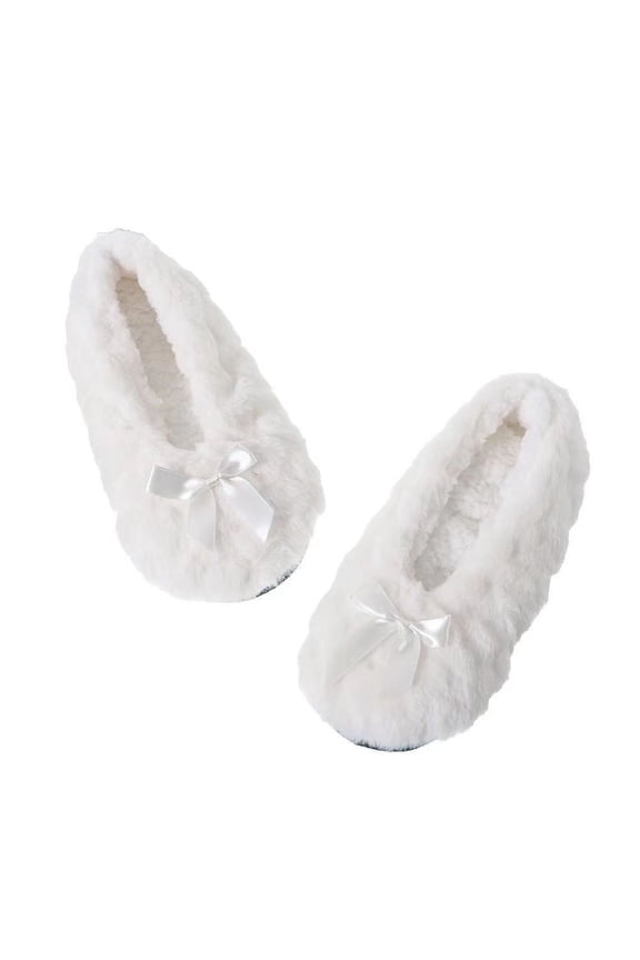 Women's House Slippers Soft Tie Bow and Suede Sole slipper socks for women Adult Thickened Non-Slip Bedroom Slippers Socks Warm Plush Sleeping Home Indoor Winter White A