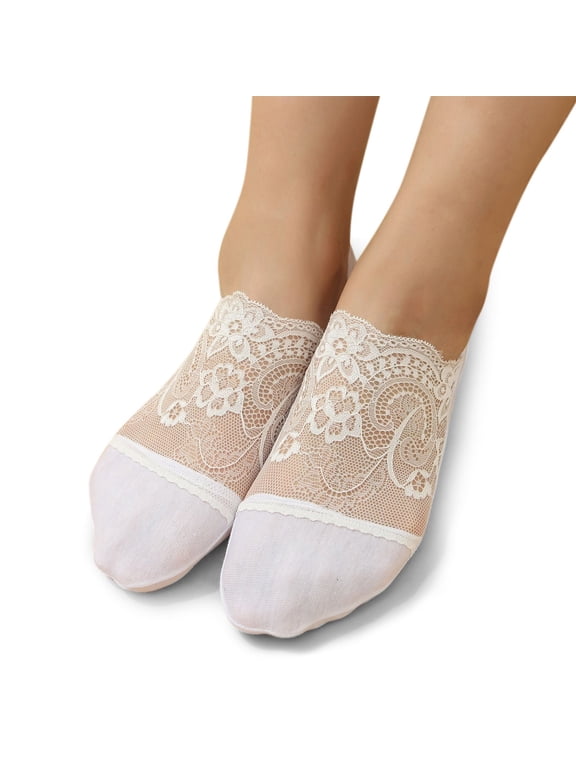 Women's Lace Deep Cut No Show Socks,Toe Cap Liner Socks,Sheer Mesh Lace Trim Footies,Thin Breathable Boat Socks,Footlet Socks for Flats,Heels & Dress Shoes 1 Pair A6/1 Pair/White