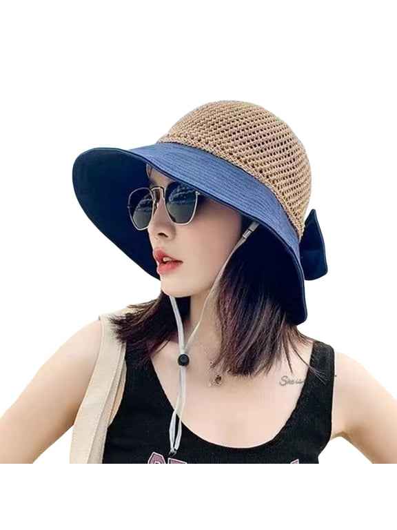 Women's Straw Sun Hat,Large Brim Bucket Hat,Hollow Out Top Beach Hat,UV Protection UPF 50+ Summer Boonie Cap,Foldable Wide Brim with Bow Chin Strap Fisherman Hat
