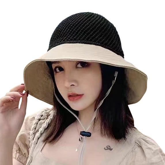 Ltpwer Women's Straw Sun Hat Summer,Hollow Crochet Wide Brim Bucket Hat,UPF50+ UV Protection Foldable Packable Floppy Beach Cap,Back Bowknot Detachable Chin Strap Outdoor Travel Cap Beige One Size