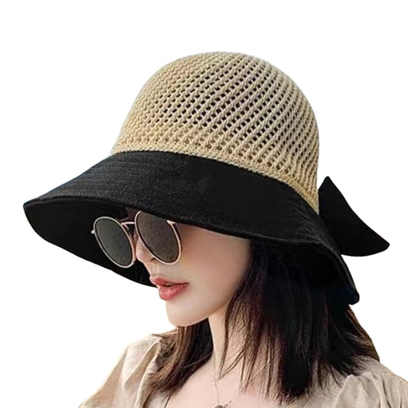 Ltpwer Women's Straw Sun Hat Summer,Hollow Crochet Wide Brim Bucket Hat,UPF50+ UV Protection Foldable Packable Floppy Beach Cap,Back Bowknot Detachable Chin Strap Outdoor Travel Cap Black One Size