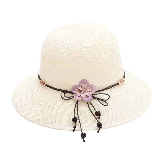 Ltpwer Women's Straw Sun Hat Summer,Textured Knit Weave Cloche Bucket Hat,Handmade Fabric Flower Bead Tassel Decor Wide Brim Cap,UPF50+ Foldable Beach Tea Party Outdoor Protection Hat White One Size