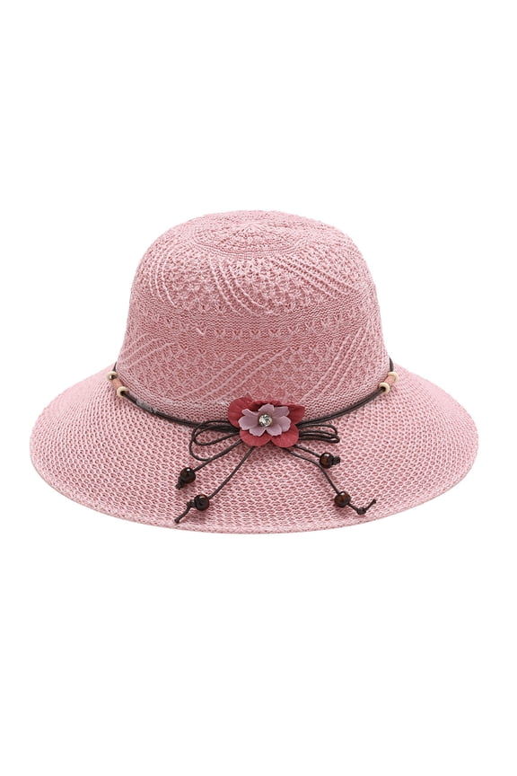 Women's Straw Sun Hat Summer,Textured Knit Weave Cloche Bucket Hat,Handmade Fabric Flower Bead Tassel Decor Wide Brim Cap,UPF50+ Foldable Beach Tea Party Outdoor Sun Protection Hat Purple