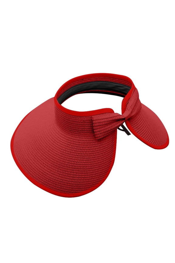 Women's Visor Straw Sun Hat Open Top Hat with Bow Tie Wide Brim Beach Hat Solid Color Summer Hat Foldable Roll-up Packable Adjustable for Backyard Brunch Coastal Island Hopping Red One Size