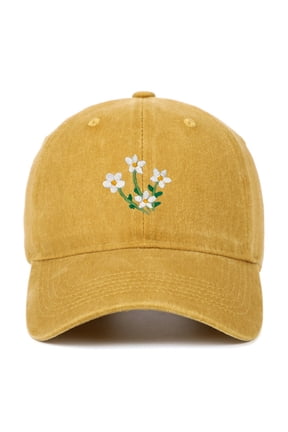 Women's Washed Cotton Baseball Cap,Embroidered Daisy Flower Adjustable Dad Hat,Vintage Casual Style,Multi-Color for Everyday Wear,Spring Outfits,Gardening & Outdoor Activities Yellow One Size