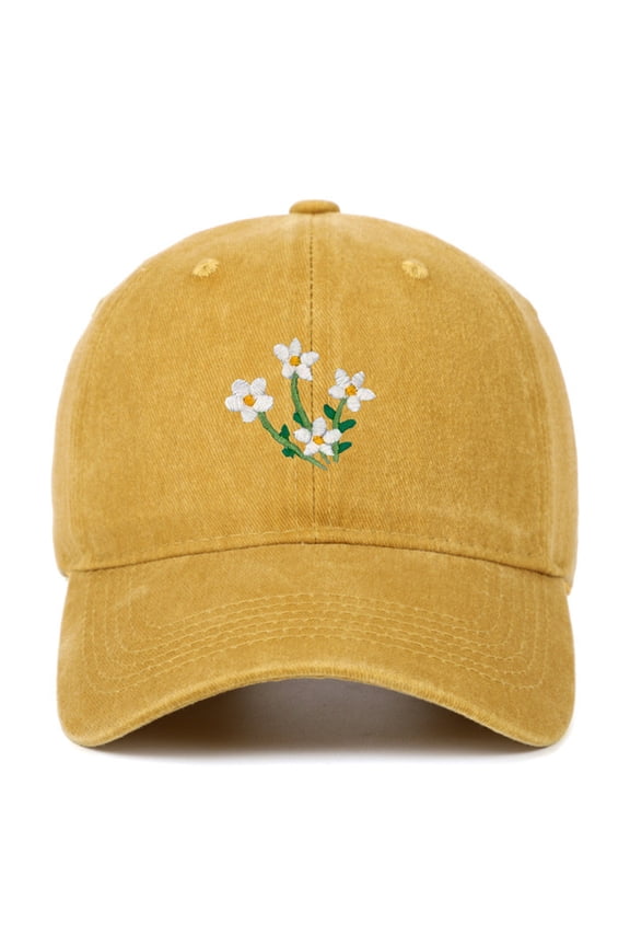Women's Washed Cotton Baseball Cap,Embroidered Daisy Flower Adjustable Dad Hat,Vintage Casual Style,Multi-Color for Everyday Wear,Spring Outfits,Gardening & Outdoor Activities Yellow One Size