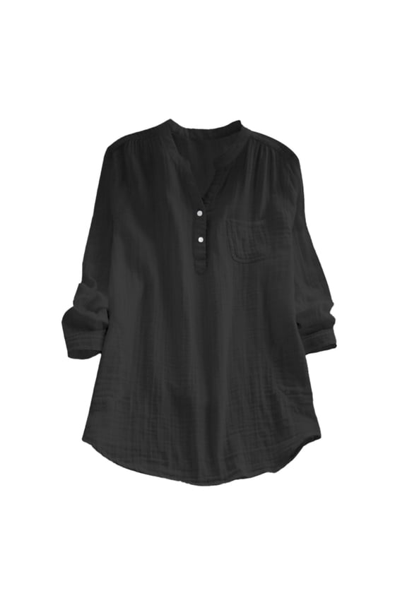 Womens Linen Tops V Notch Stand Neck Half Placket Long Sleeve Shirt,Solid Waffle Gauze Relaxed Blouse With Side Pocket,Airy Soft Daily Summer Spring Vacation Top Black S