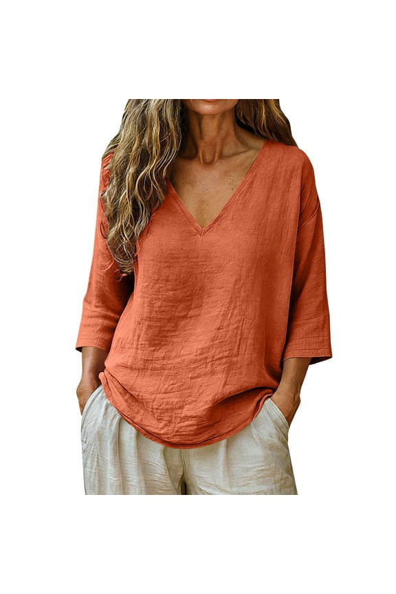 Womens Summer Gauze Tops,Solid V Neck 3/4 Sleeve Linen Cotton Blouse,Loose Fit Crinkled Gauzy Tunic Top,Dressy Casual Peasant Shirt for Beach Vacation Orange S
