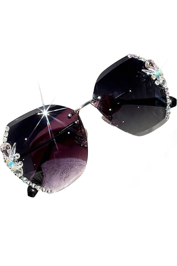 , Womens Sunglasses, Rimless Gradient Sunglasses with Rhinestones, UV Protection Polygonal Diamond Studded Shades for Party, Beach, Daily, Shopping, Travel, Driving, Summer Outdoor A One size