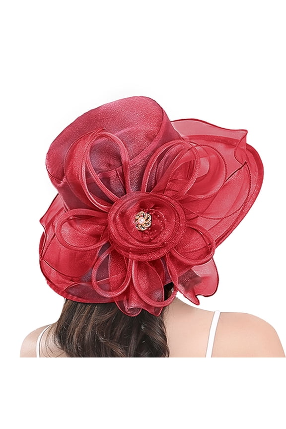 Womens Vintage Organza Derby Hat Flower Wide Brim Derby Bowler Hat Church Tea Party Wedding Fascinator Sun Hat Cocktail Bridal Shower Kentucky Derby Hat for Formal Events Redone Size