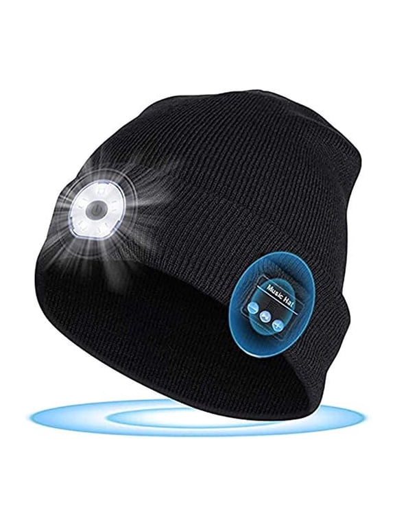 Bluetooth Beanie Hat with Light Upgraded Musical Knitted Cap with Headphone and Built-in Stereo Speakers & Mic, LED Hat for Running Hiking, Unisex Christmas Gifts for Men Women Teens, Black