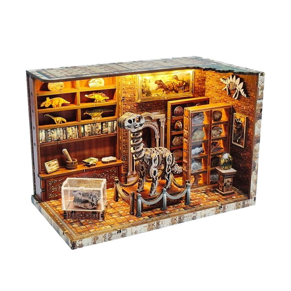 Lttoisl 3D Wooden Dinosaur Museum Puzzle, 7.2 x 4.6 x 5.0 in, DIY Book Nook with LED Lights, Assemble a Miniature Paleontology Exhibit for Creative Teens and Adults