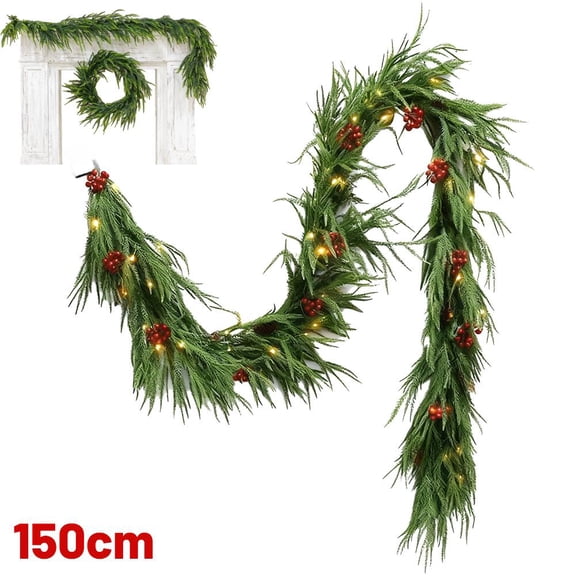 Lttoisl 6 ft Artificial Pine & Cedar Wreath with 20 LED Lights, Creates Warm White or Colorful Holiday Atmosphere, Perfect for Decorating Fireplaces, Staircases, and Outdoor Doorways