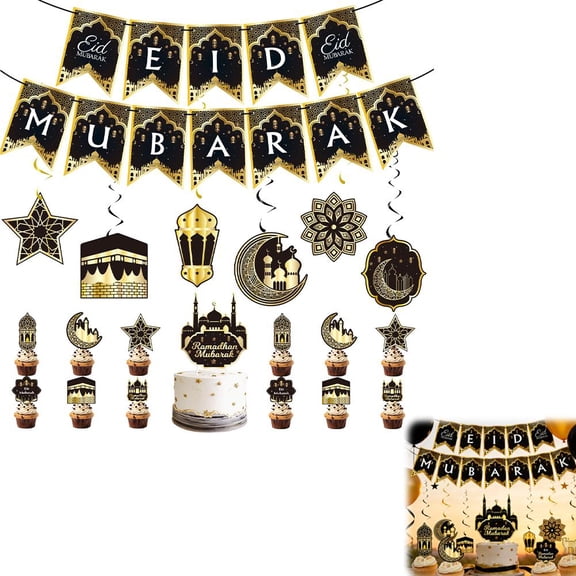 Lttoisl Eid Party Decoration Set with Banner, 6 Hangs, 13 Toppers, Create a Festive Black & Gold Atmosphere, Perfect for Indoor and Outdoor Holiday Celebrations