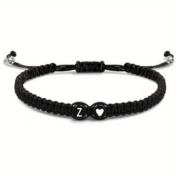 Adjustable Handmade Black Wax Rope Bracelet with 26 Initial Letters A-Z for Couples and Individuals