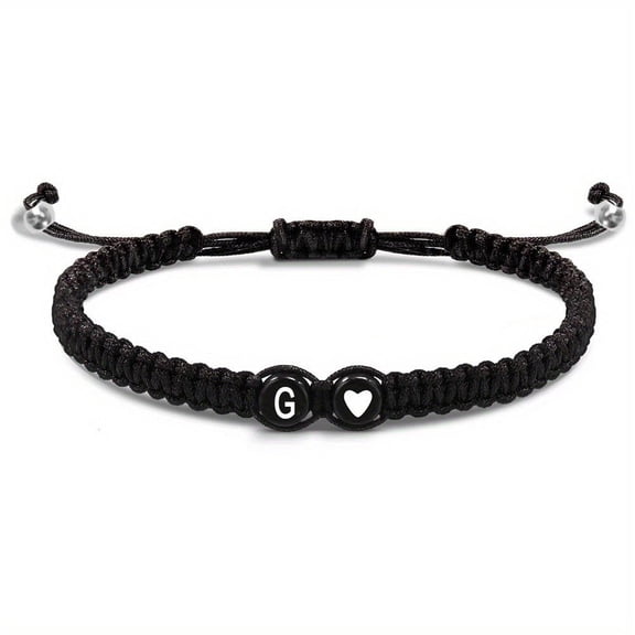 Adjustable Black Wax Rope Bracelet with 26 Initial Letters A-Z for Couples and Individuals