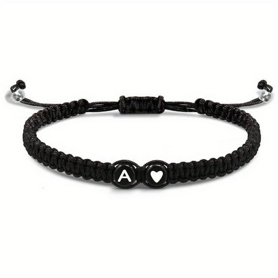 Adjustable Handmade Black Wax Rope Bracelet with 26 Initial Letters A - Z for Couples and Individuals
